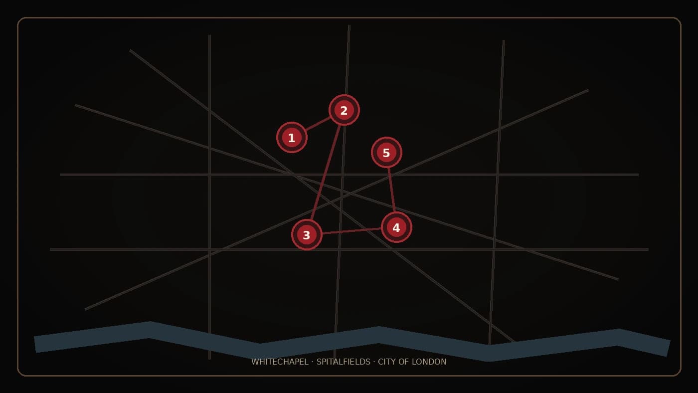 Stylised map of the five canonical Jack the Ripper murder sites in London